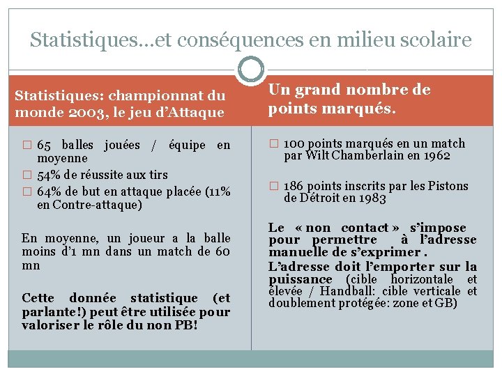 Statistiques…et conséquences en milieu scolaire Statistiques: championnat du monde 2003, le jeu d’Attaque �