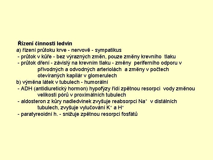  Řízení činnosti ledvin a) řízení průtoku krve - nervově - sympatikus - průtok