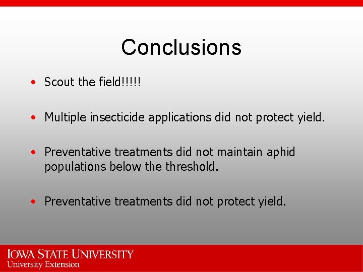 Conclusions • Scout the field!!!!! • Multiple insecticide applications did not protect yield. •