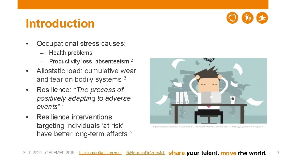 Introduction • Occupational stress causes: – Health problems 1 – Productivity loss, absenteeism 2