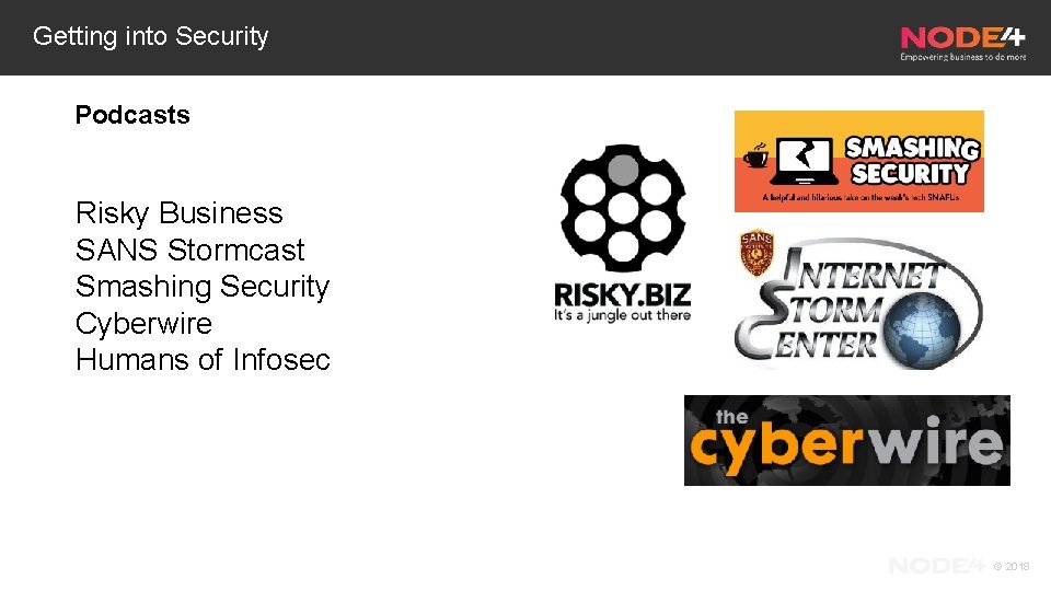 Getting into Security Podcasts Risky Business SANS Stormcast Smashing Security Cyberwire Humans of Infosec