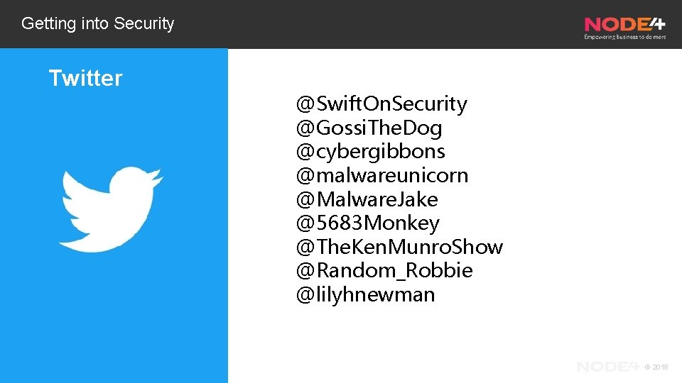 Getting into Security Twitter @Swift. On. Security @Gossi. The. Dog @cybergibbons @malwareunicorn @Malware. Jake