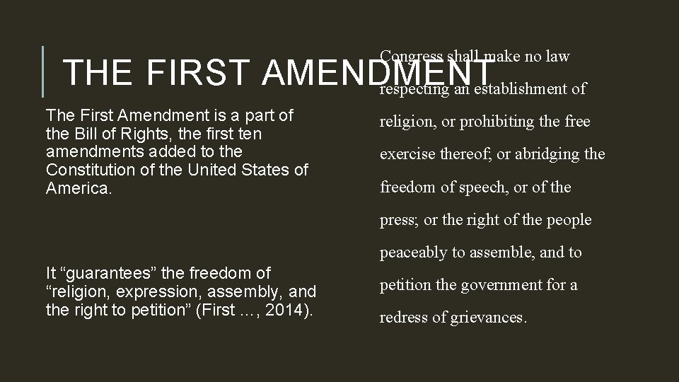 Congress shall make no law THE FIRST AMENDMENT respecting an establishment of The
