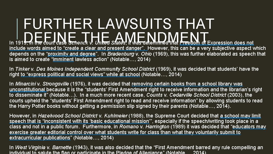 FURTHER LAWSUITS THAT DEFINE THE AMENDMENT In 1919, in the court case Schenck v.