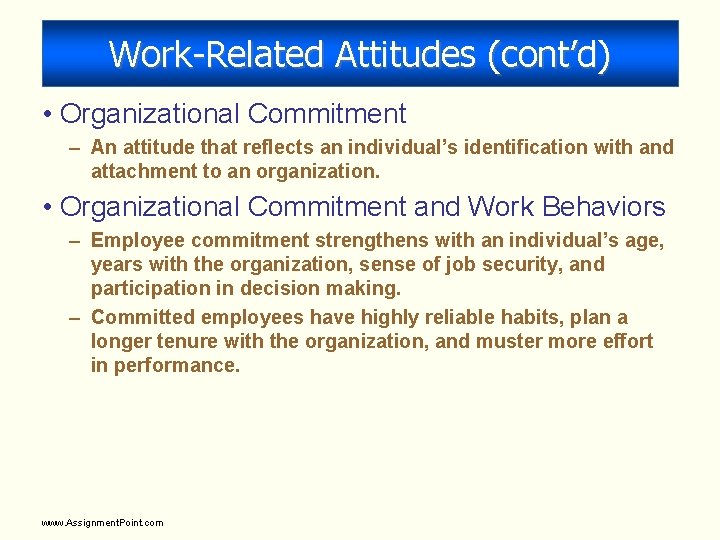 Work-Related Attitudes (cont’d) • Organizational Commitment – An attitude that reflects an individual’s identification