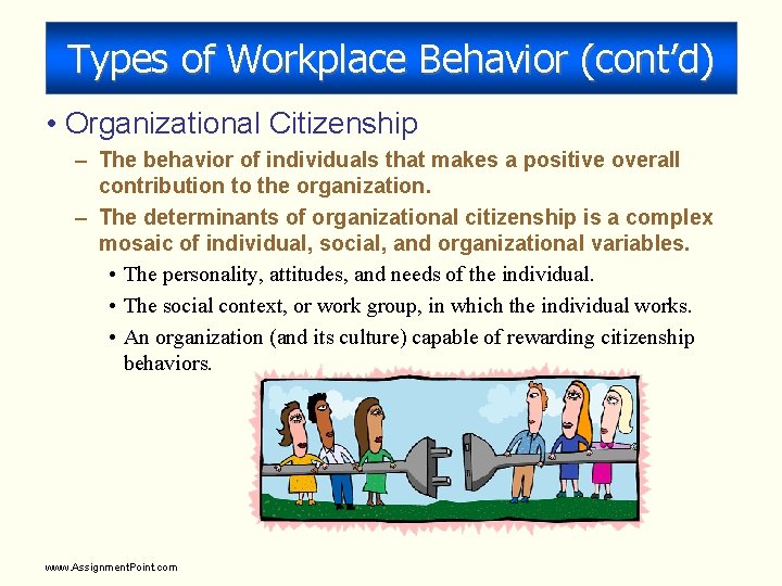Types of Workplace Behavior (cont’d) • Organizational Citizenship – The behavior of individuals that