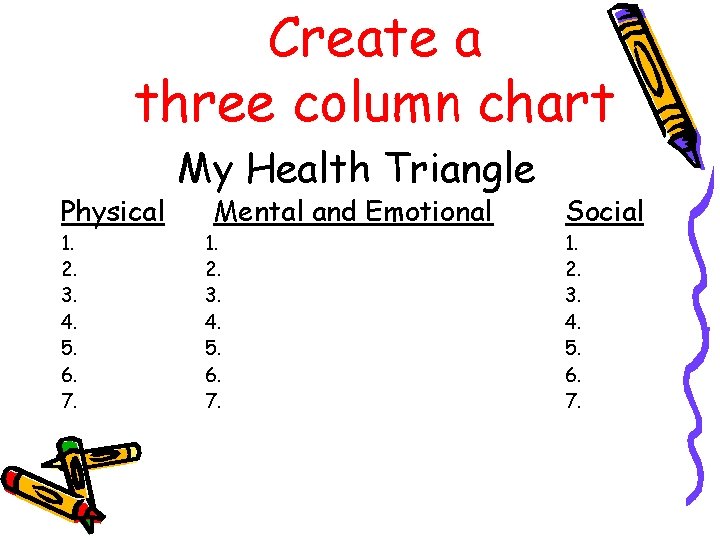 Create a three column chart Physical 1. 2. 3. 4. 5. 6. 7. My