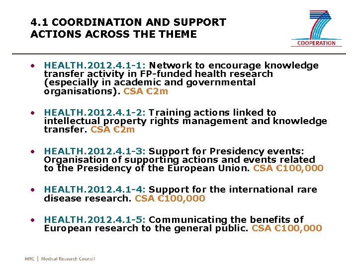 4. 1 COORDINATION AND SUPPORT ACTIONS ACROSS THEME • HEALTH. 2012. 4. 1 -1: