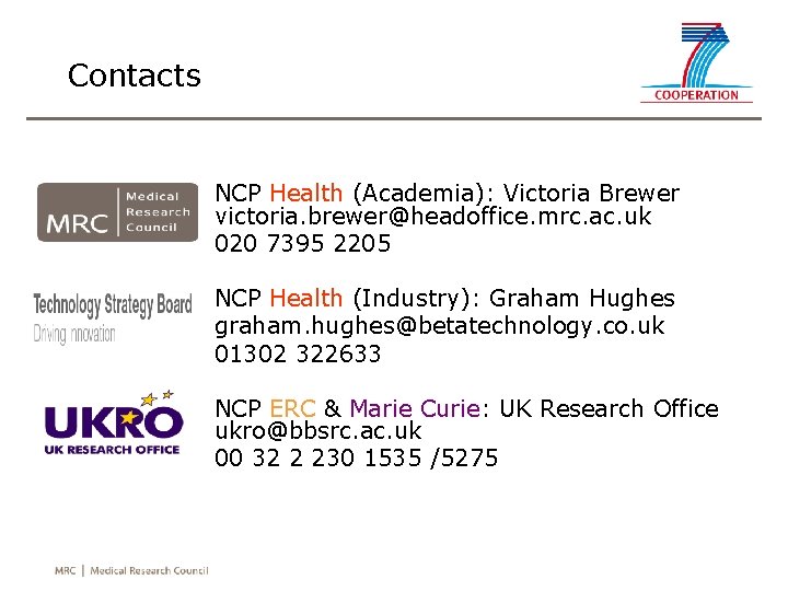 Contacts • NCP Health (Academia): Victoria Brewer victoria. brewer@headoffice. mrc. ac. uk 020 7395