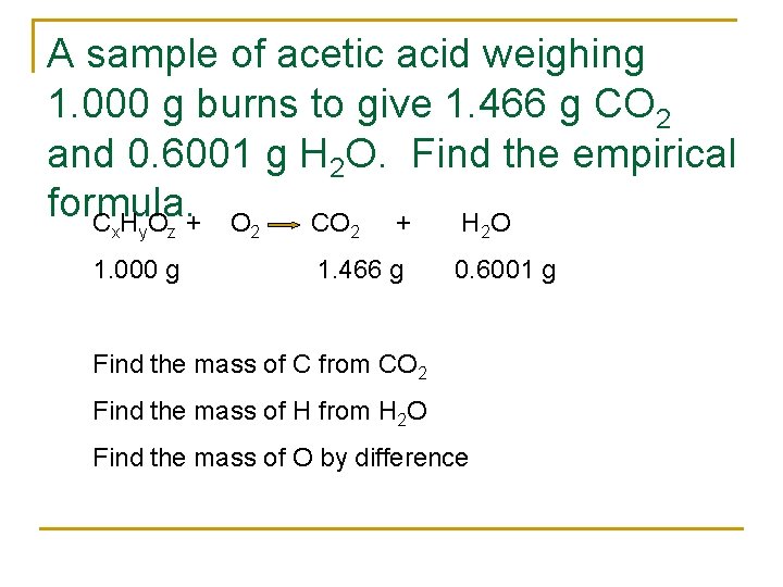A sample of acetic acid weighing 1. 000 g burns to give 1. 466