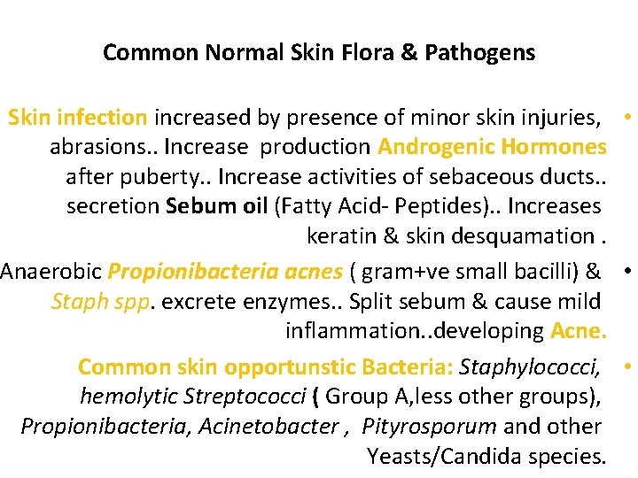 Common Normal Skin Flora & Pathogens Skin infection increased by presence of minor skin