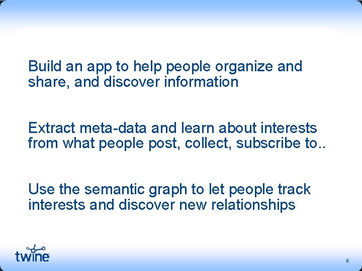 Build an app to help people organize and share, and discover information Extract meta-data