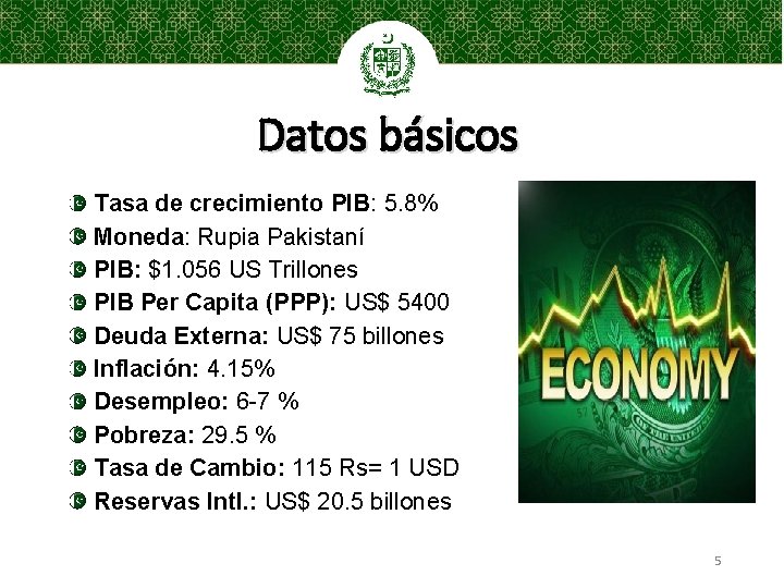 Datos básicos Tasa de crecimiento PIB: 5. 8% Moneda: Rupia Pakistaní PIB: $1. 056