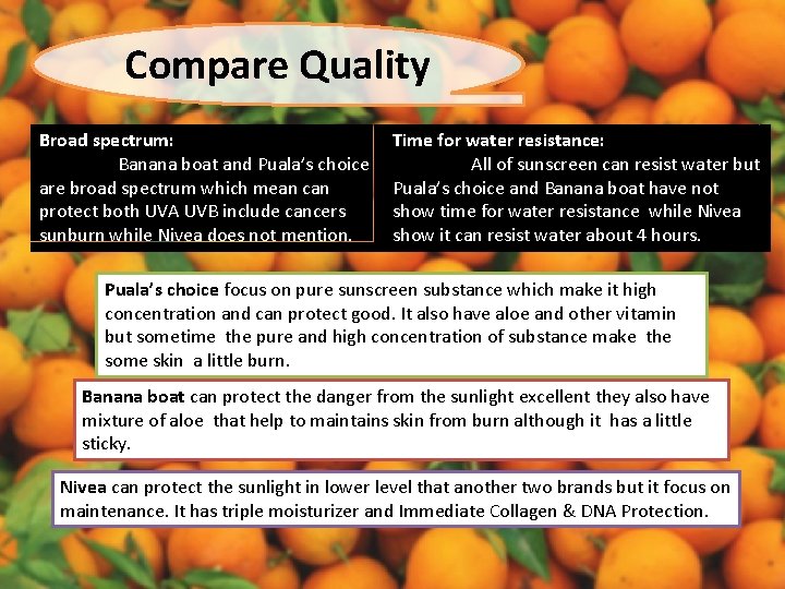 Compare Quality Broad spectrum: Banana boat and Puala’s choice are broad spectrum which mean