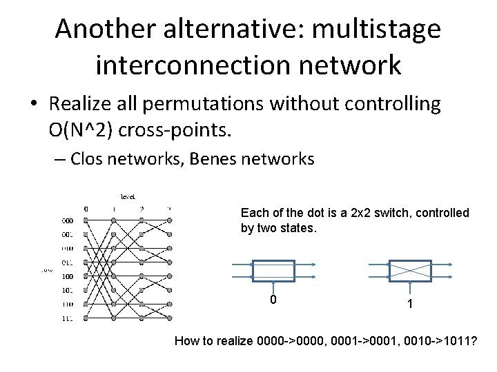 Another alternative: multistage interconnection network • Realize all permutations without controlling O(N^2) cross-points. –
