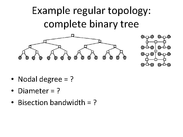 Example regular topology: complete binary tree • Nodal degree = ? • Diameter =