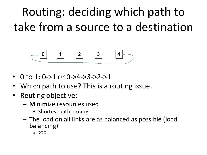 Routing: deciding which path to take from a source to a destination 0 1