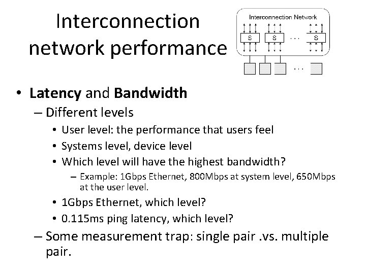 Interconnection network performance • Latency and Bandwidth – Different levels • User level: the