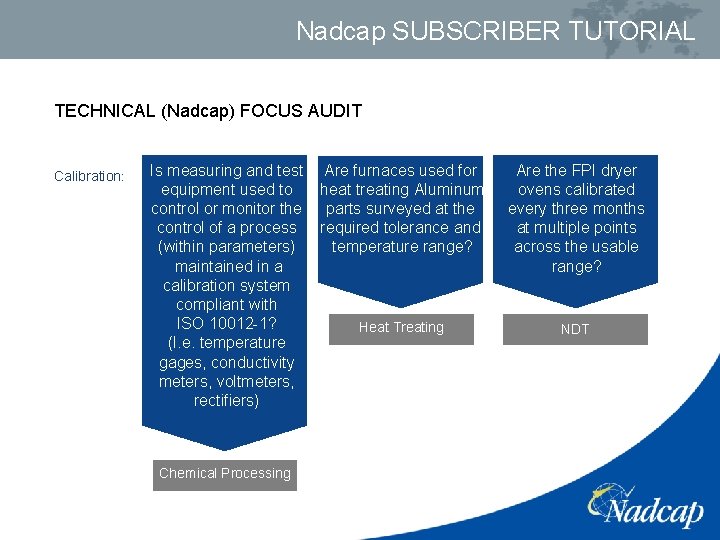 Nadcap SUBSCRIBER TUTORIAL TECHNICAL (Nadcap) FOCUS AUDIT Calibration: Is measuring and test equipment used