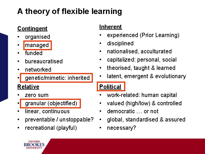 A theory of flexible learning Contingent • organised • managed • funded • bureaucratised