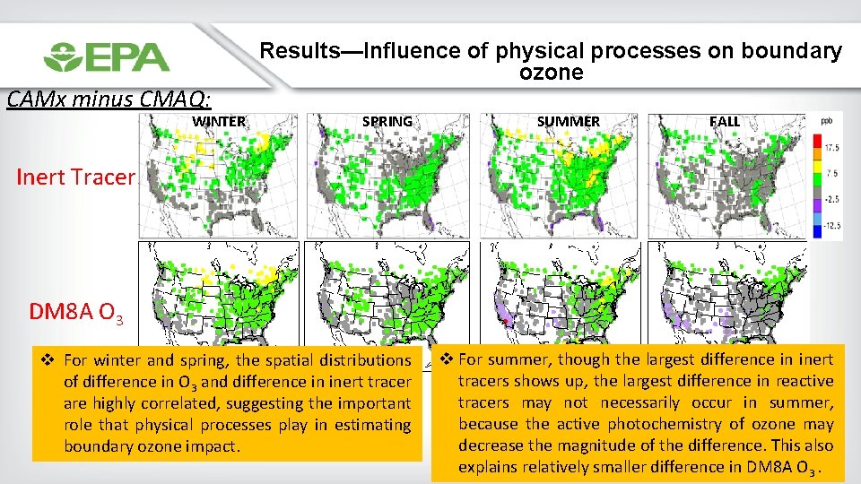 CAMx minus CMAQ: Results—Influence of physical processes on boundary ozone WINTER SPRING SUMMER FALL