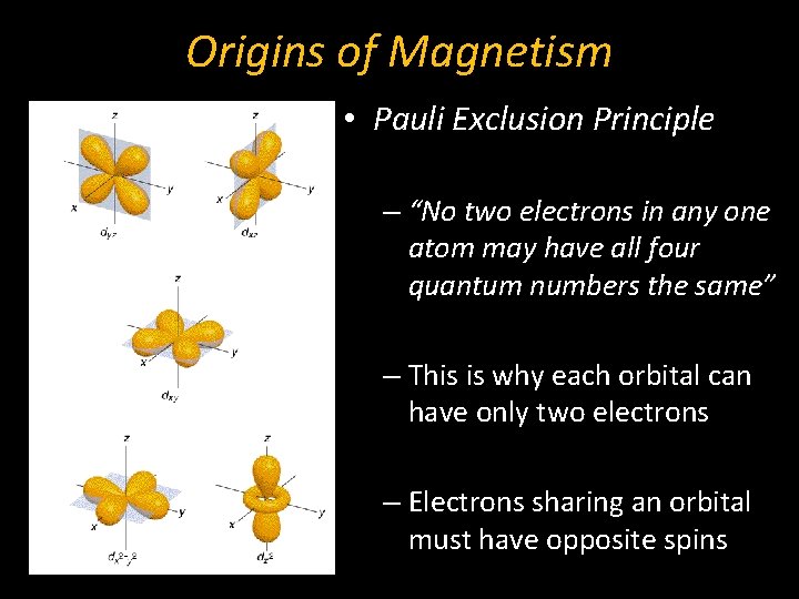 Origins of Magnetism • Pauli Exclusion Principle – “No two electrons in any one