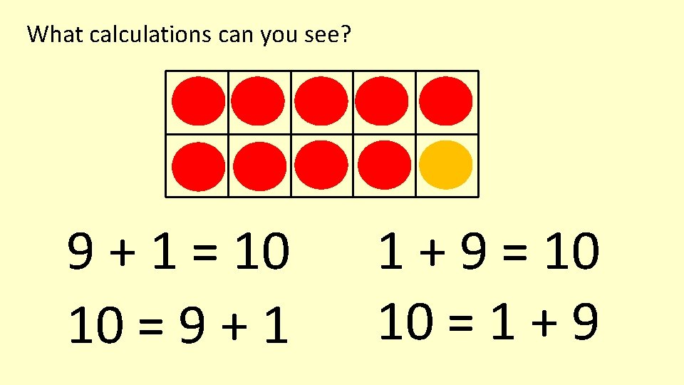 What calculations can you see? 9 + 1 = 10 10 = 9 +