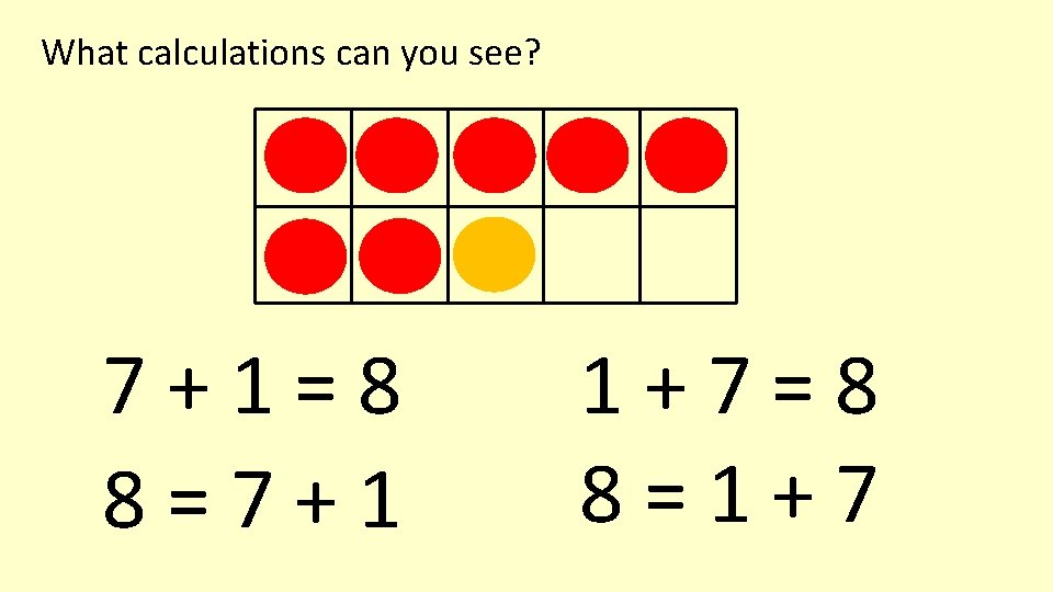 What calculations can you see? 7+1=8 8=7+1 1+7=8 8=1+7 