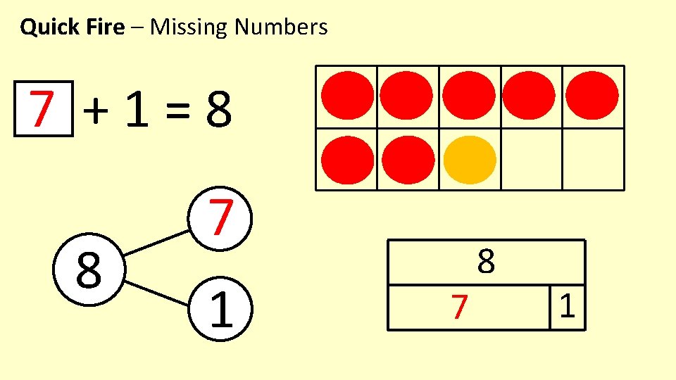Quick Fire – Missing Numbers 7 +1=8 8 7 1 7 8 1 