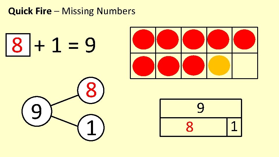 Quick Fire – Missing Numbers 8 +1=9 9 8 1 8 9 1 