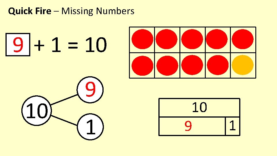 Quick Fire – Missing Numbers 9 + 1 = 10 10 9 1 