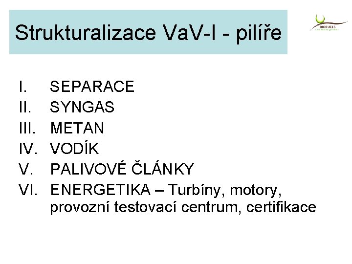 Strukturalizace Va. V-I - pilíře I. III. IV. V. VI. SEPARACE SYNGAS METAN VODÍK
