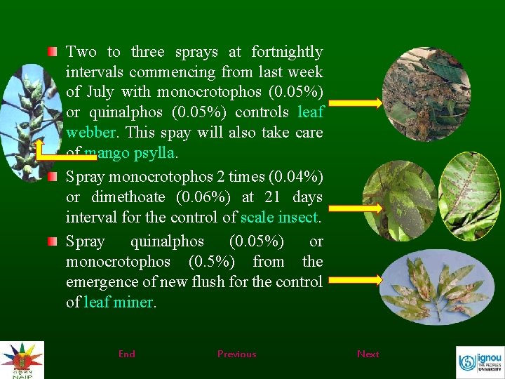 Two to three sprays at fortnightly intervals commencing from last week of July with