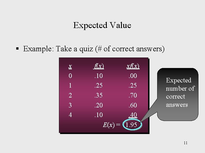 Expected Value § Example: Take a quiz (# of correct answers) x 0 1