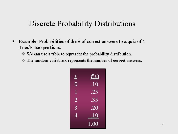 Discrete Probability Distributions § Example: Probabilities of the # of correct answers to a