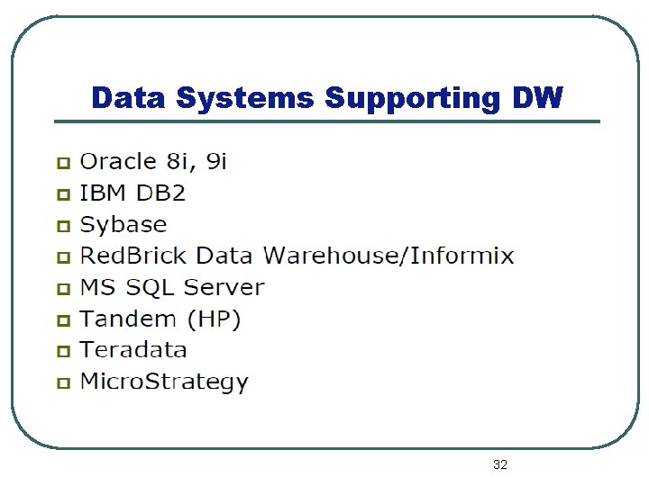 Data Systems Supporting DW 32 