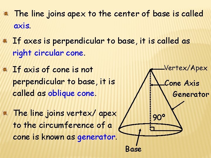 The line joins apex to the center of base is called axis. If axes