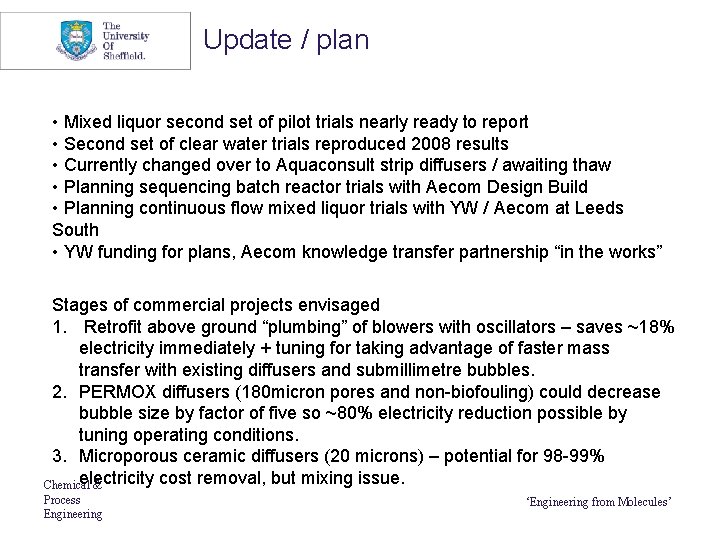 Update / plan • Mixed liquor second set of pilot trials nearly ready to