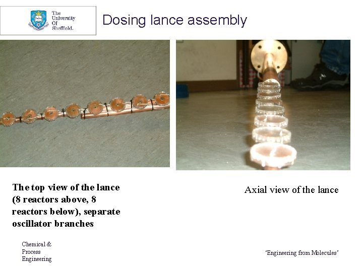 Dosing lance assembly The top view of the lance (8 reactors above, 8 reactors