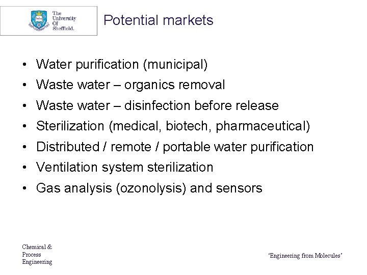 Potential markets • Water purification (municipal) • Waste water – organics removal • Waste