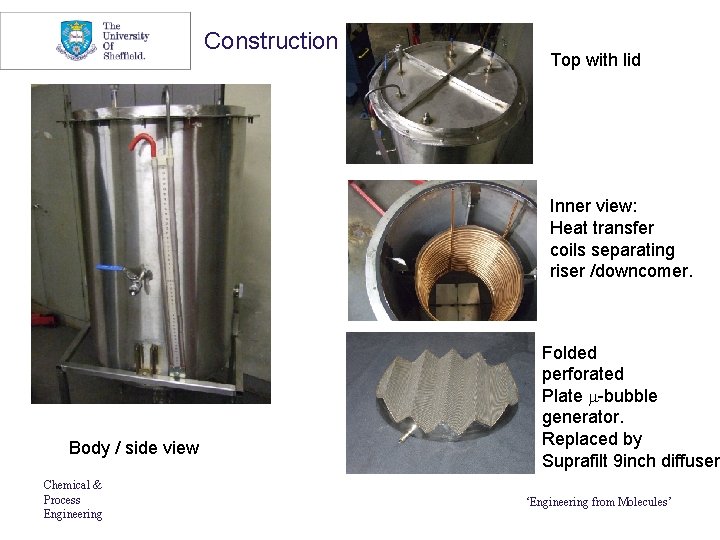 Construction Top with lid Inner view: Heat transfer coils separating riser /downcomer. Folded perforated