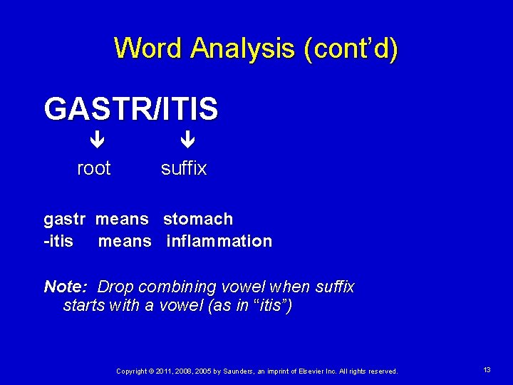 Word Analysis (cont’d) GASTR/ITIS root suffix gastr means stomach -itis means inflammation Note: Drop
