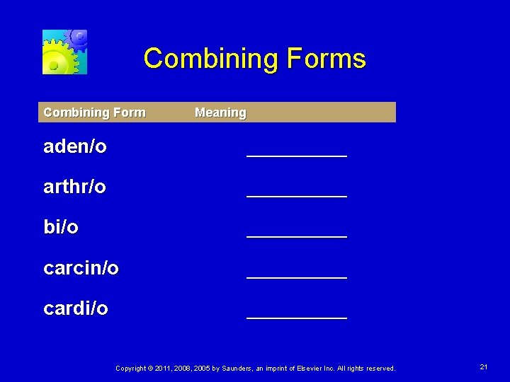 Combining Forms Combining Form Meaning aden/o _____ arthr/o _____ bi/o _____ carcin/o _____ cardi/o