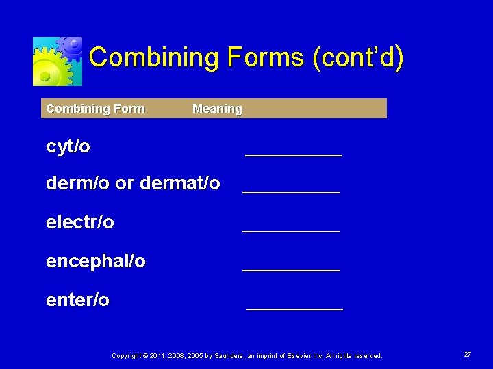 Combining Forms (cont’d) Combining Form Meaning cyt/o _____ derm/o or dermat/o _____ electr/o _____