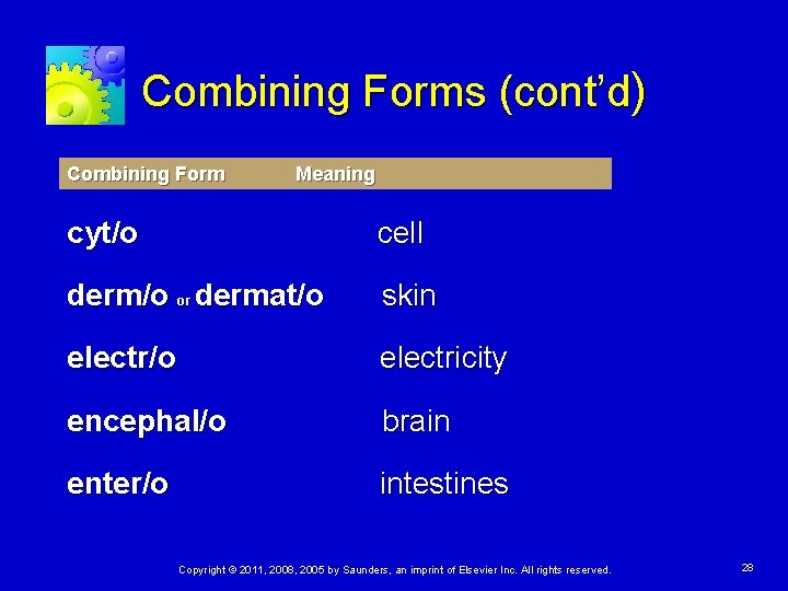 Combining Forms (cont’d) Combining Form Meaning cyt/o cell derm/o or dermat/o skin electr/o electricity