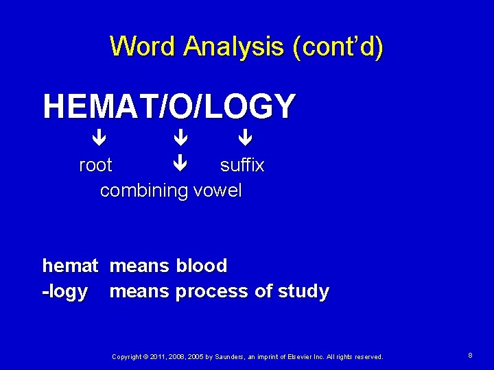 Word Analysis (cont’d) HEMAT/O/LOGY root suffix combining vowel hemat means blood -logy means process