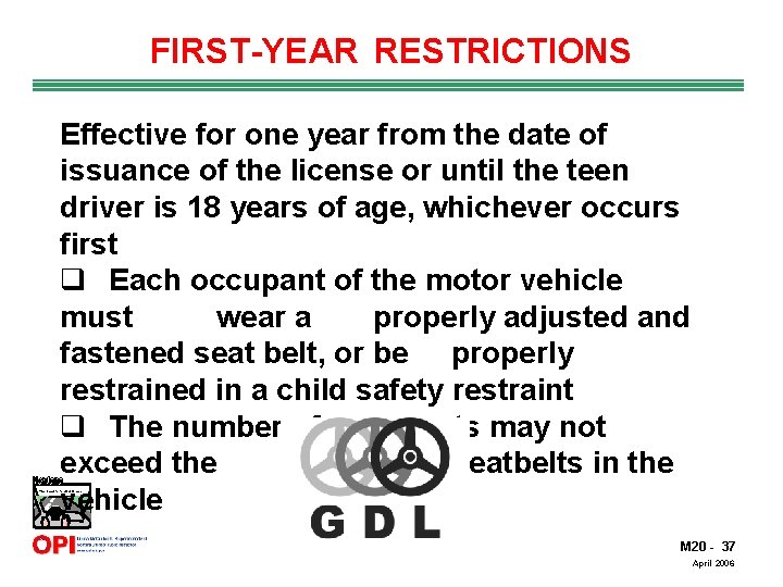 FIRST-YEAR RESTRICTIONS Effective for one year from the date of issuance of the license