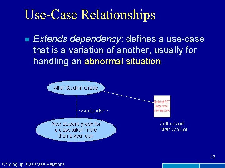 Use-Case Relationships n Extends dependency: defines a use-case that is a variation of another,