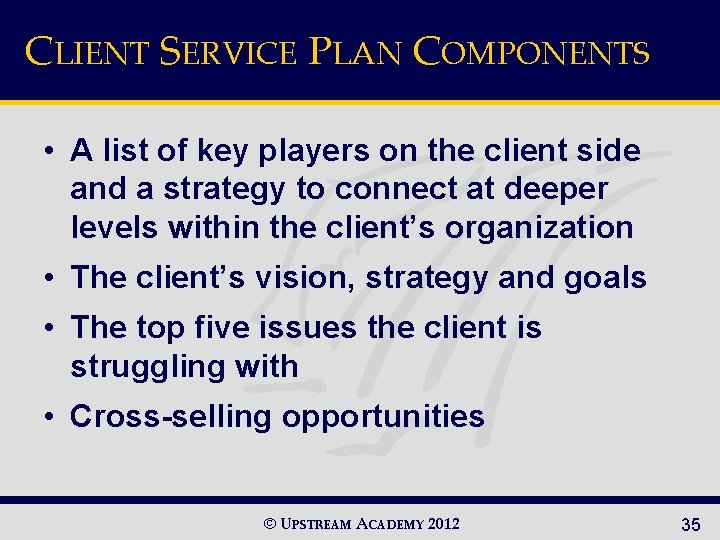 CLIENT SERVICE PLAN COMPONENTS • A list of key players on the client side