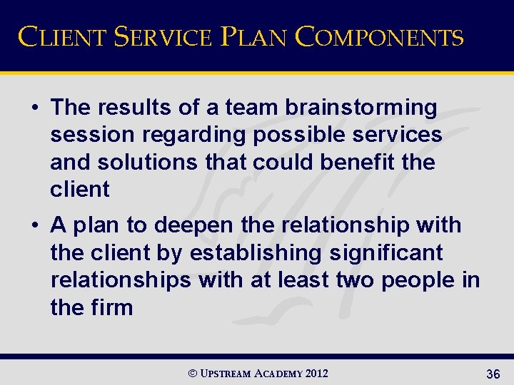 CLIENT SERVICE PLAN COMPONENTS • The results of a team brainstorming session regarding possible